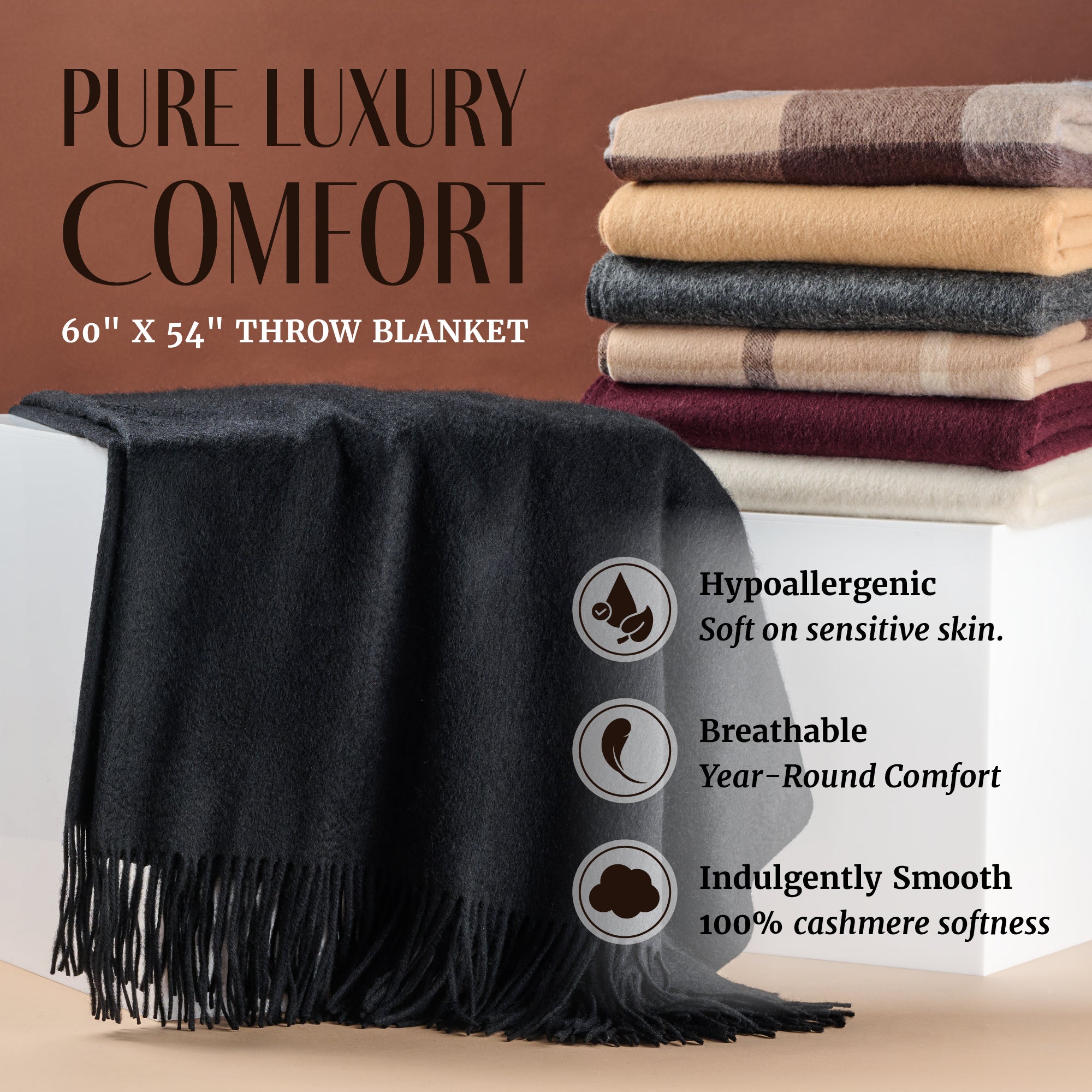 Solid Cashmere Throw Blanket with Fringe | 60 x 54 Inch Super Soft Warm Blankets & Throws