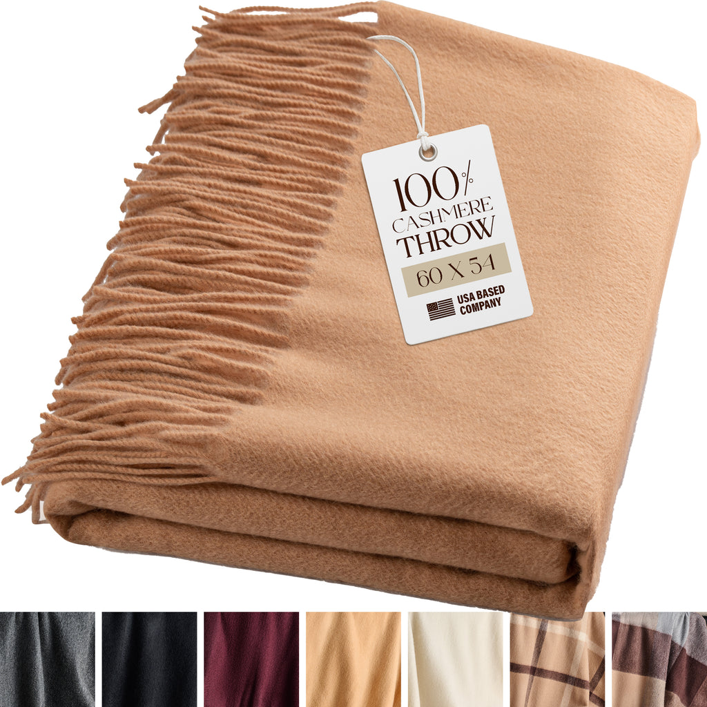 Solid Cashmere Throw Blanket with Fringe | 60 x 54 Inch Super Soft Warm Blankets & Throws