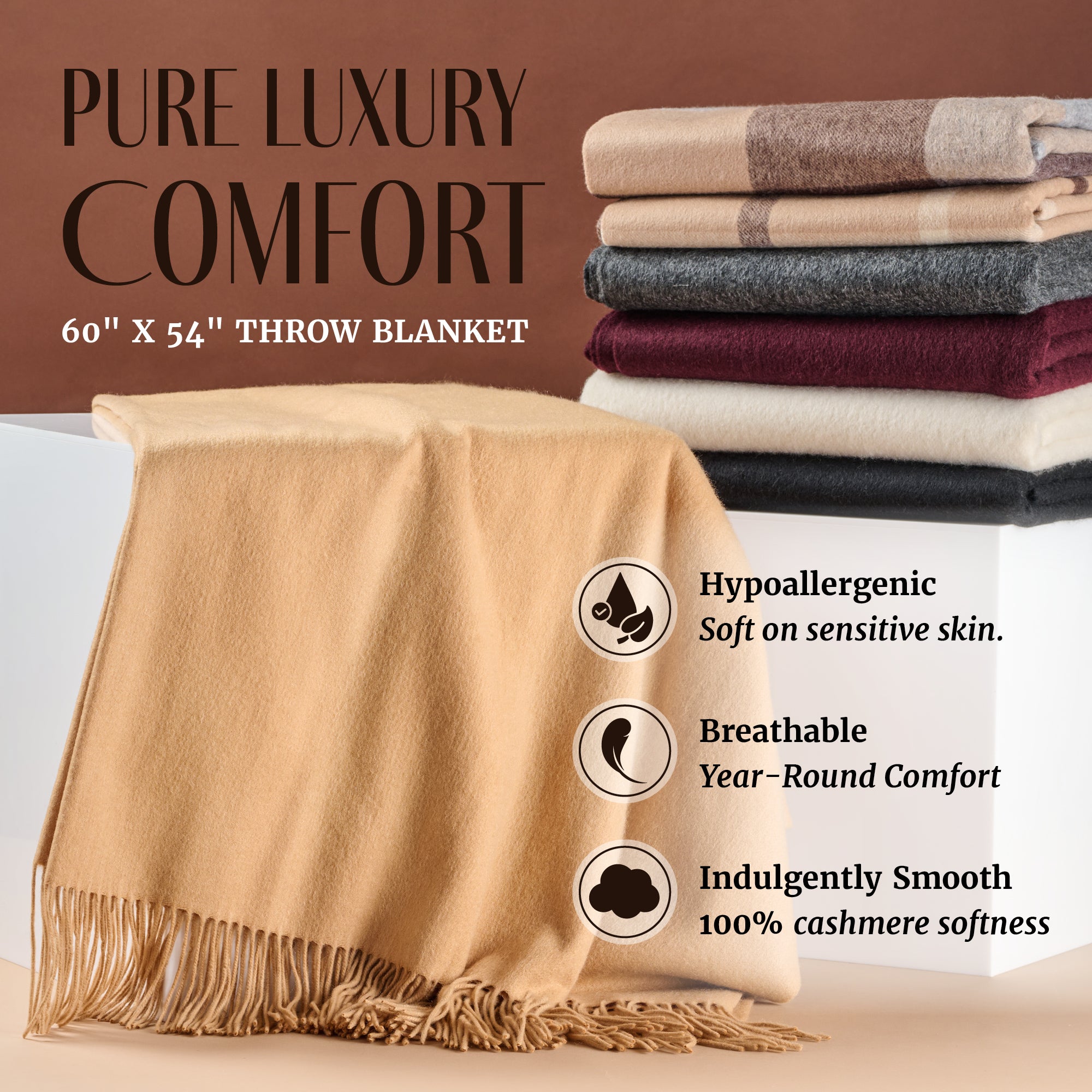 Solid Cashmere Throw Blanket with Fringe | 60 x 54 Inch Super Soft Warm Blankets & Throws
