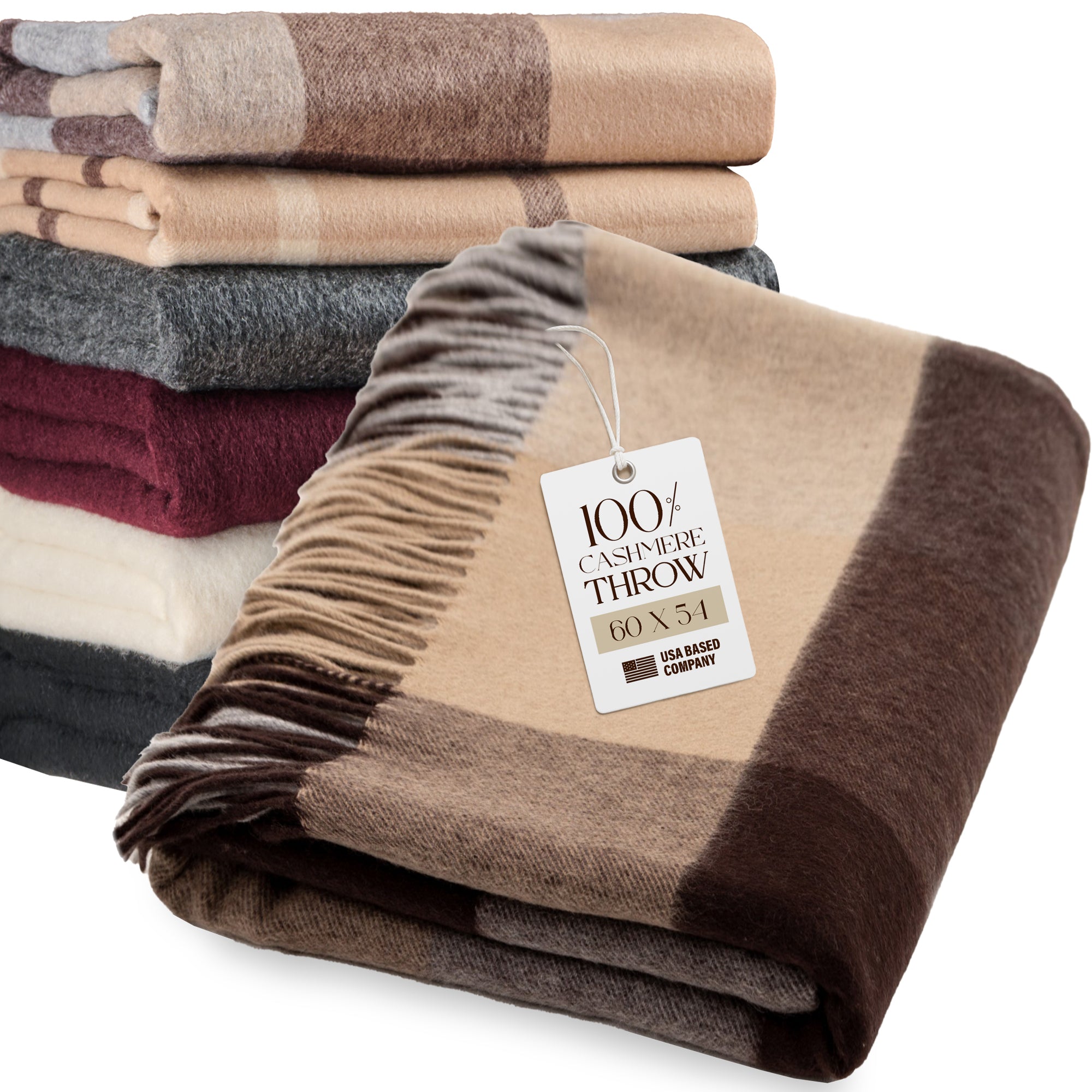 Cashmere Throw Blanket with Fringe | 60 x 54 Inch Super Soft Warm Blankets & Throws for Home, Travel