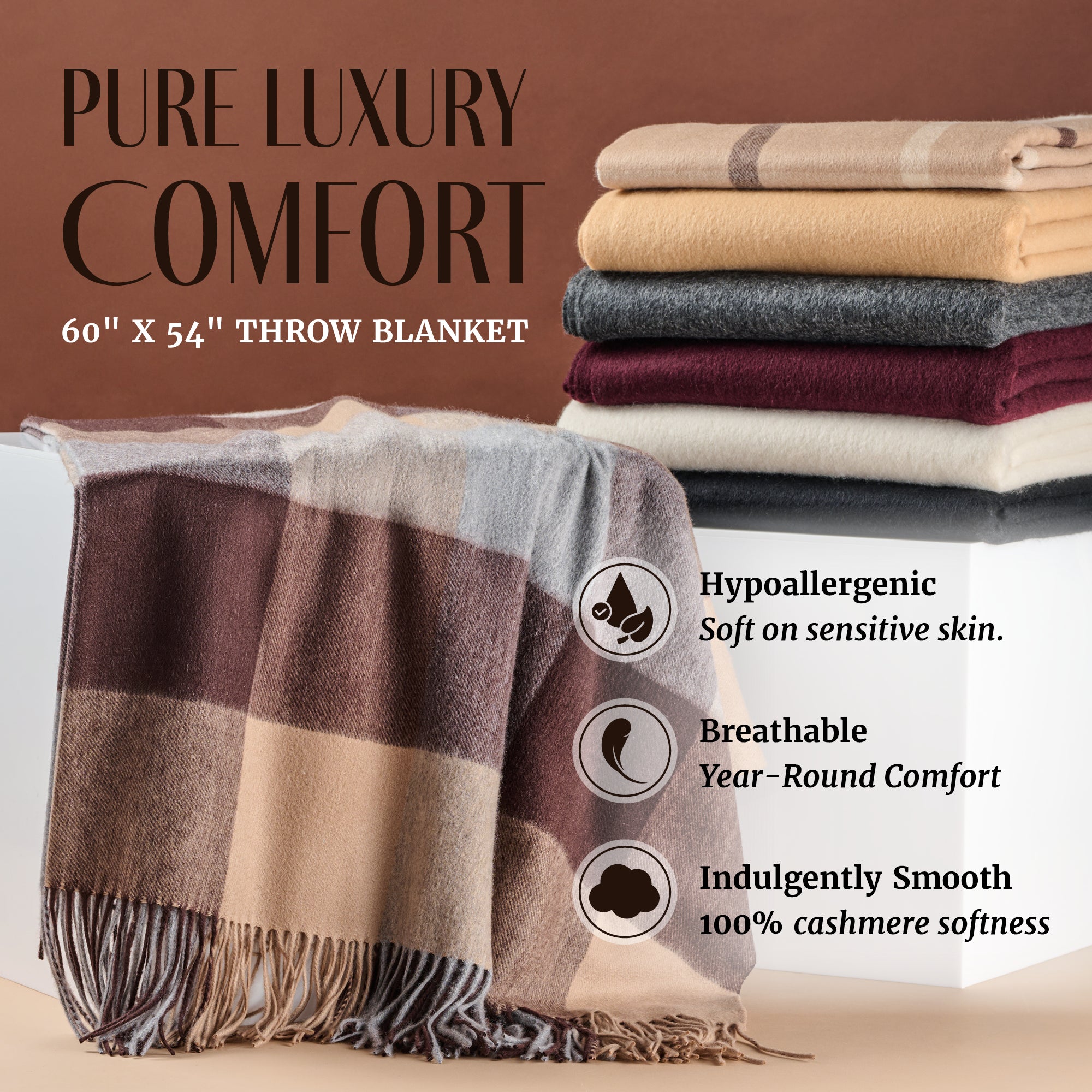Plaid Cashmere Throw Blanket with Fringe | 60 x 54 Inch Multi-Color Pattern Warm Blankets