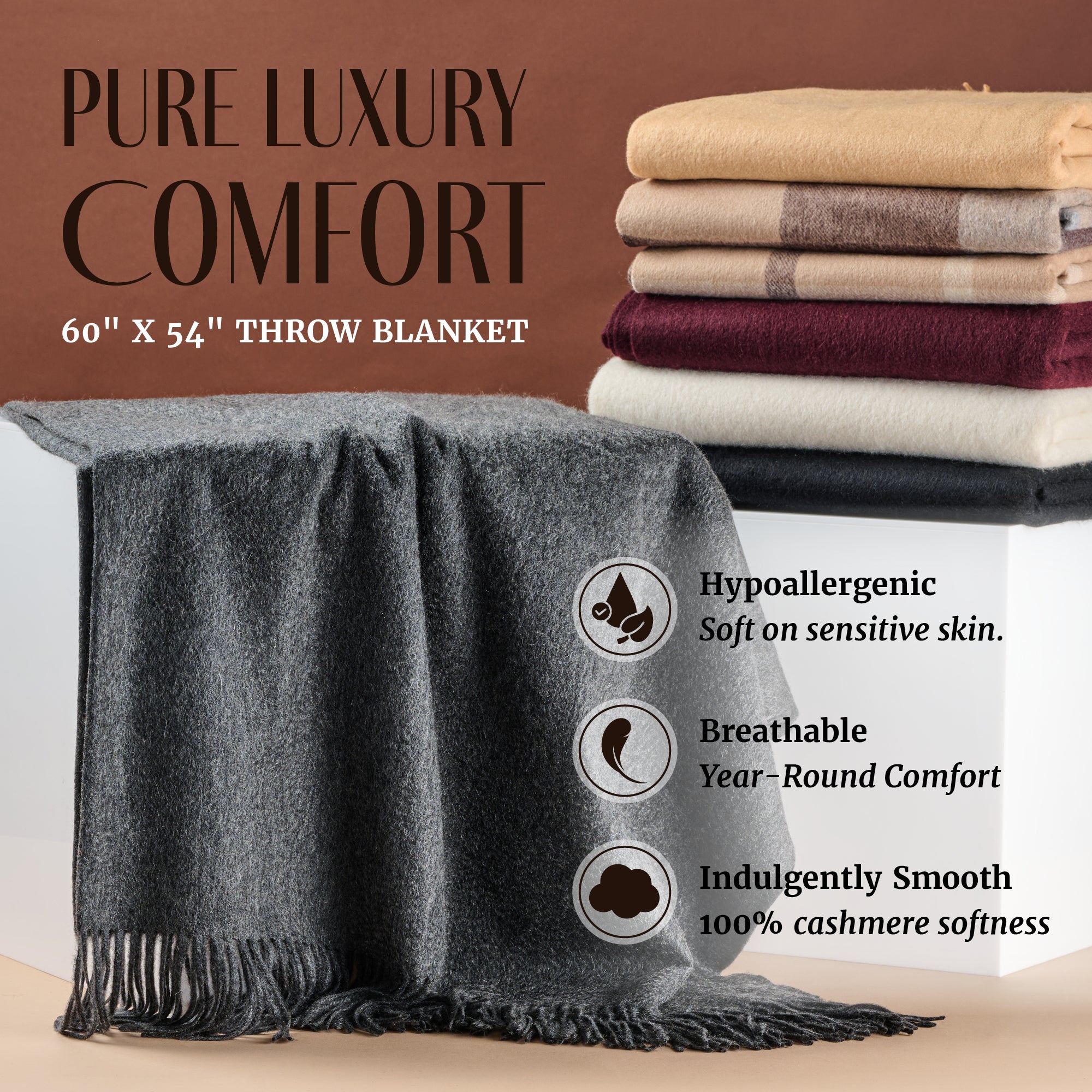 Solid Cashmere Throw Blanket with Fringe | 60 x 54 Inch Super Soft Warm Blankets & Throws
