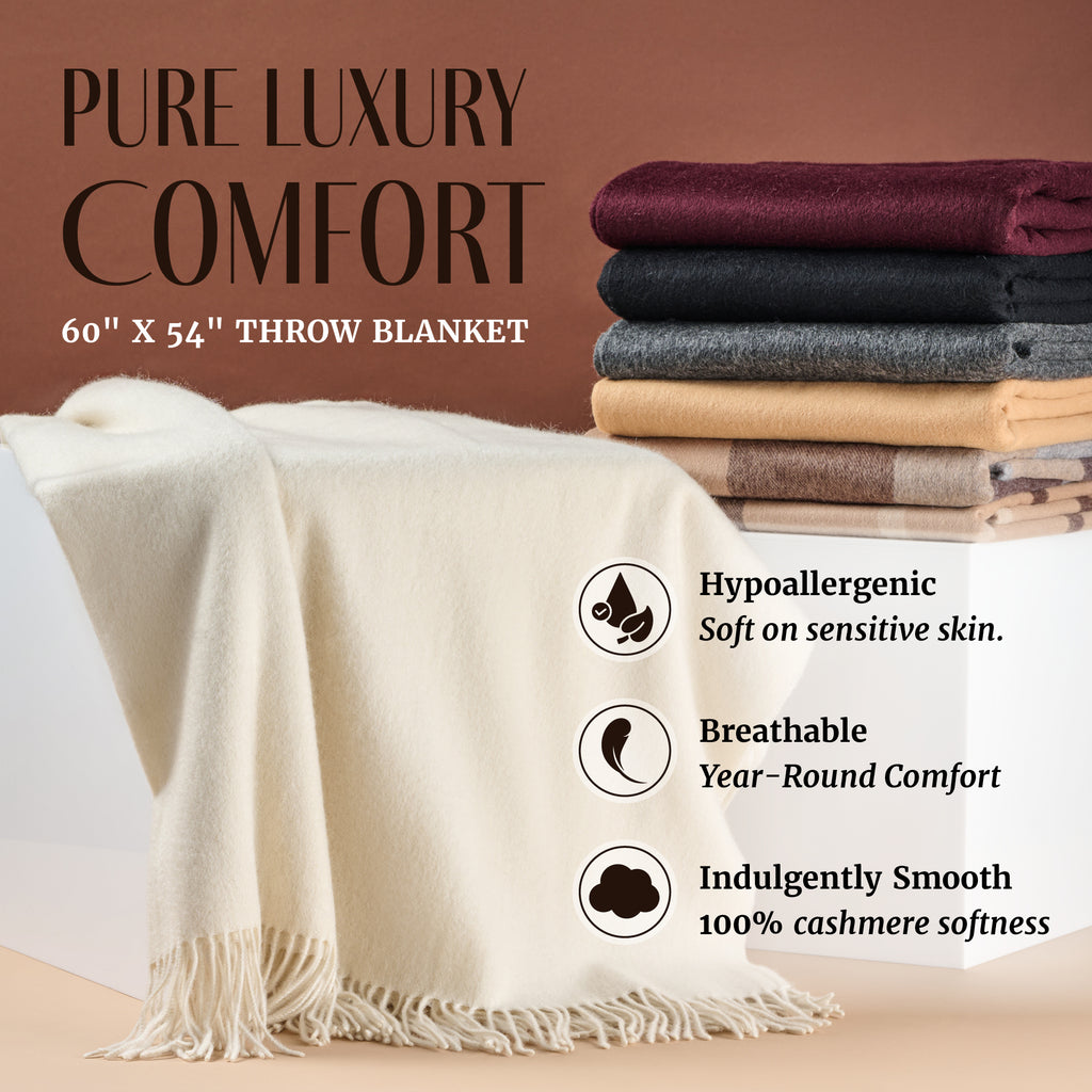 Solid Cashmere Throw Blanket with Fringe | 60 x 54 Inch Super Soft Warm Blankets & Throws