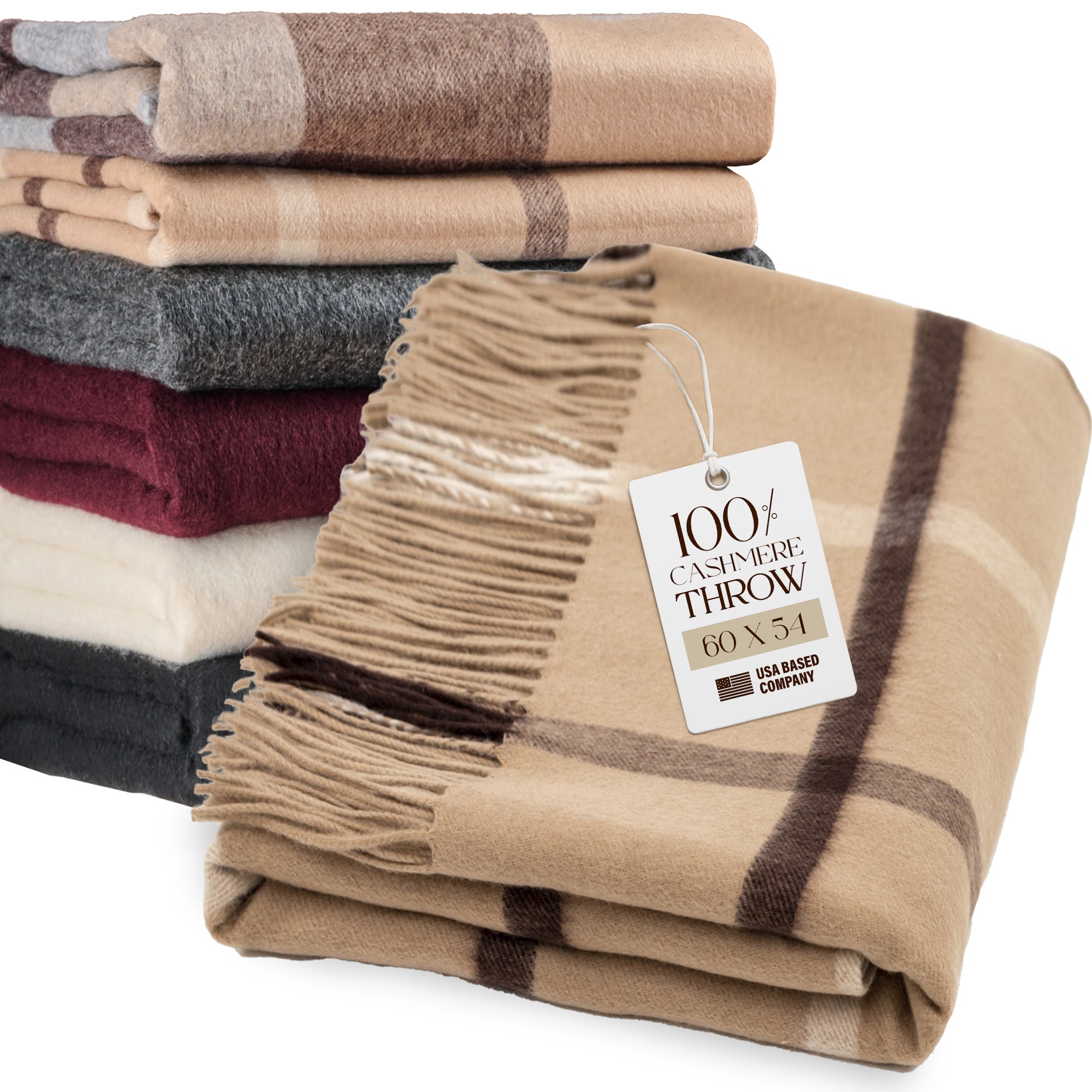 Cashmere Throw Blanket with Fringe | 60 x 54 Inch Super Soft Warm Blankets & Throws for Home, Travel