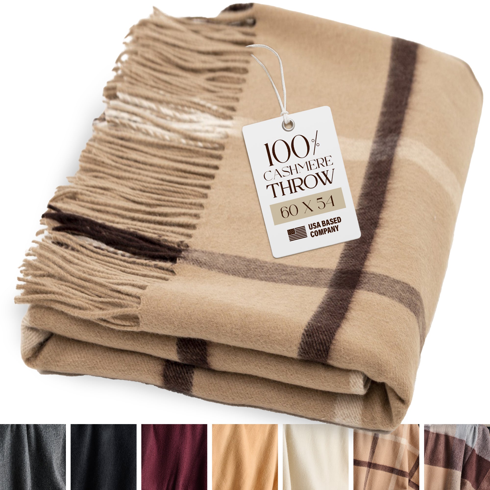 Cashmere Throw Blanket with Fringe | 60 x 54 Inch Super Soft Warm Blankets & Throws for Home, Travel