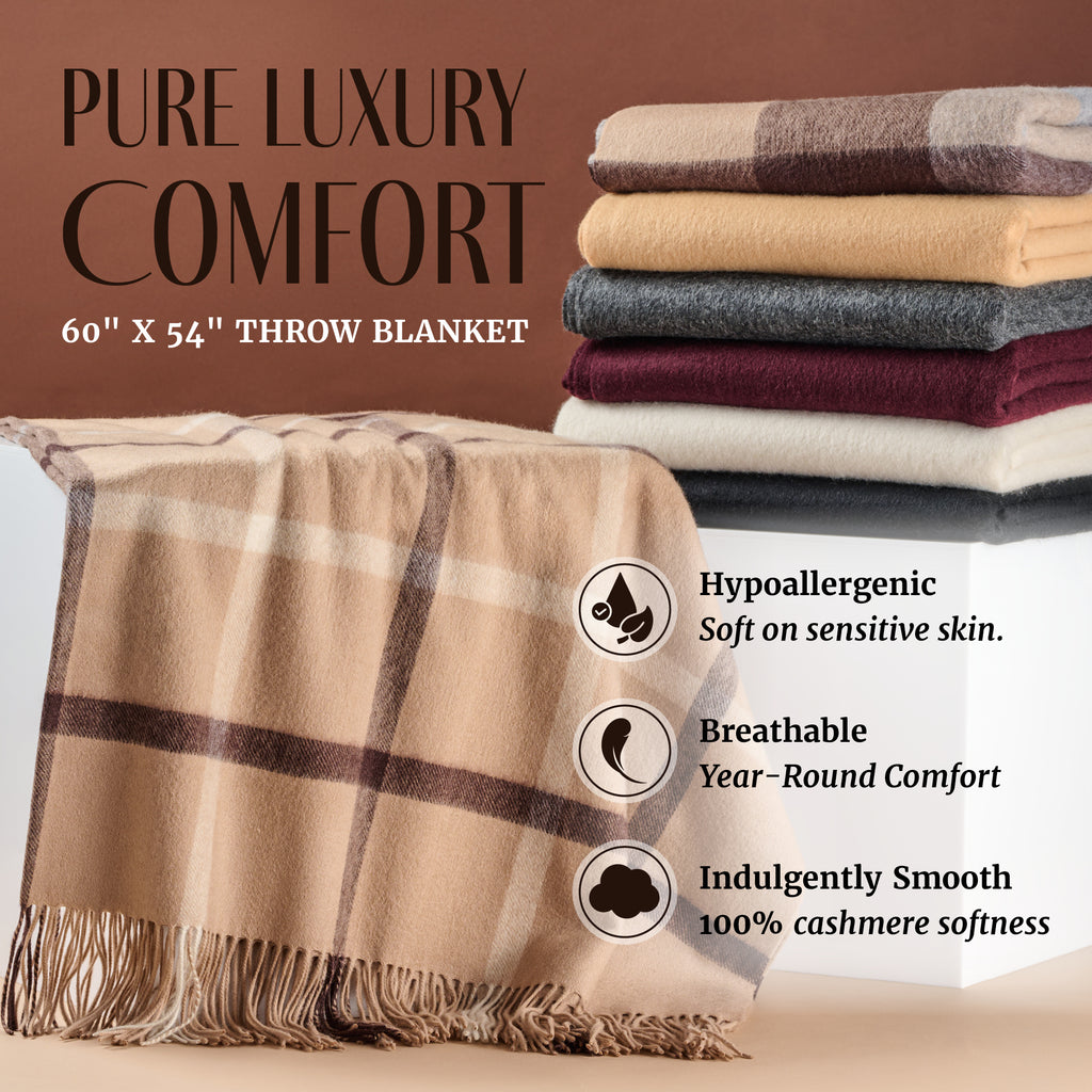 Plaid Cashmere Throw Blanket with Fringe | 60 x 54 Inch Multi-Color Pattern Warm Blankets