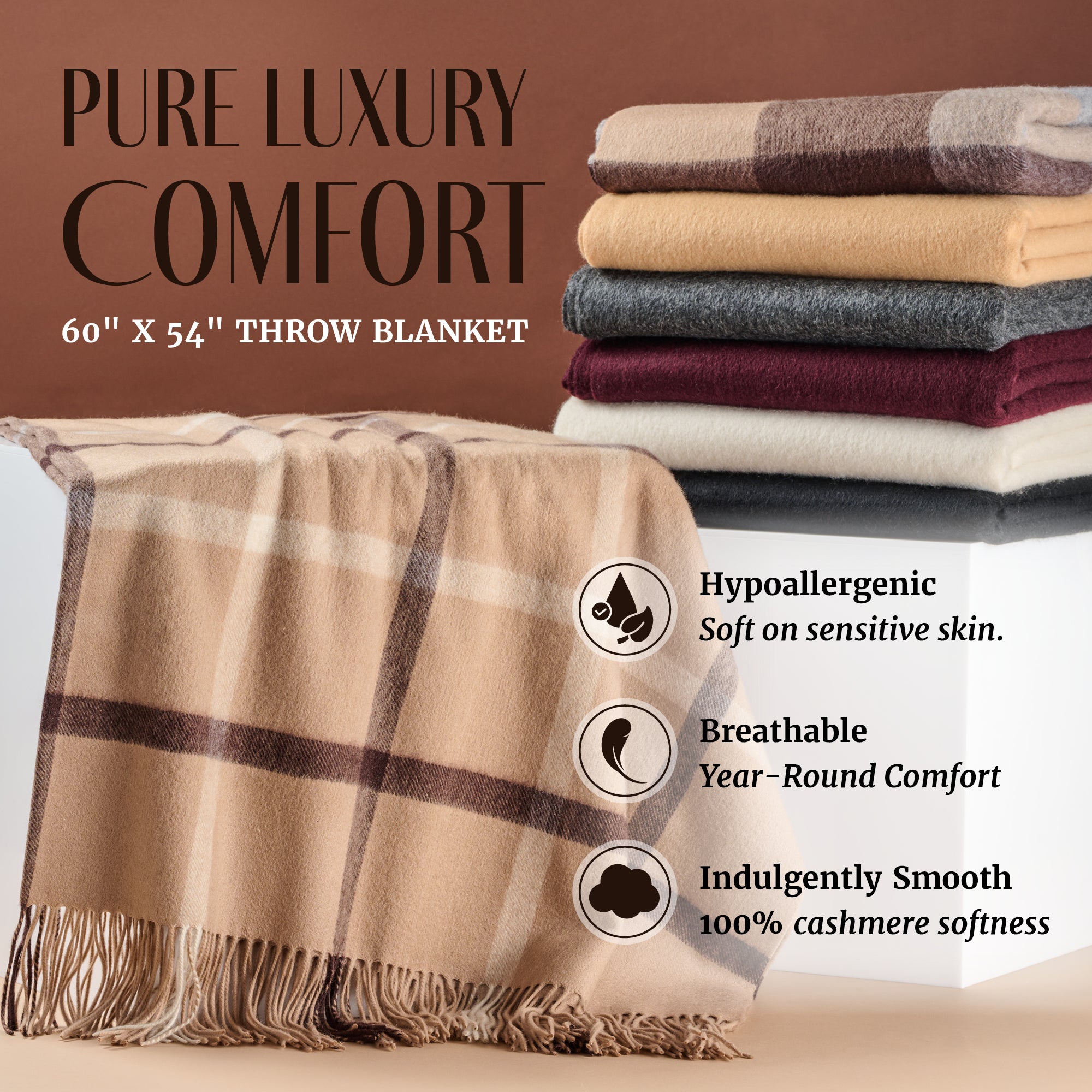 Plaid Cashmere Throw Blanket with Fringe | 60 x 54 Inch Multi-Color Pattern Warm Blankets