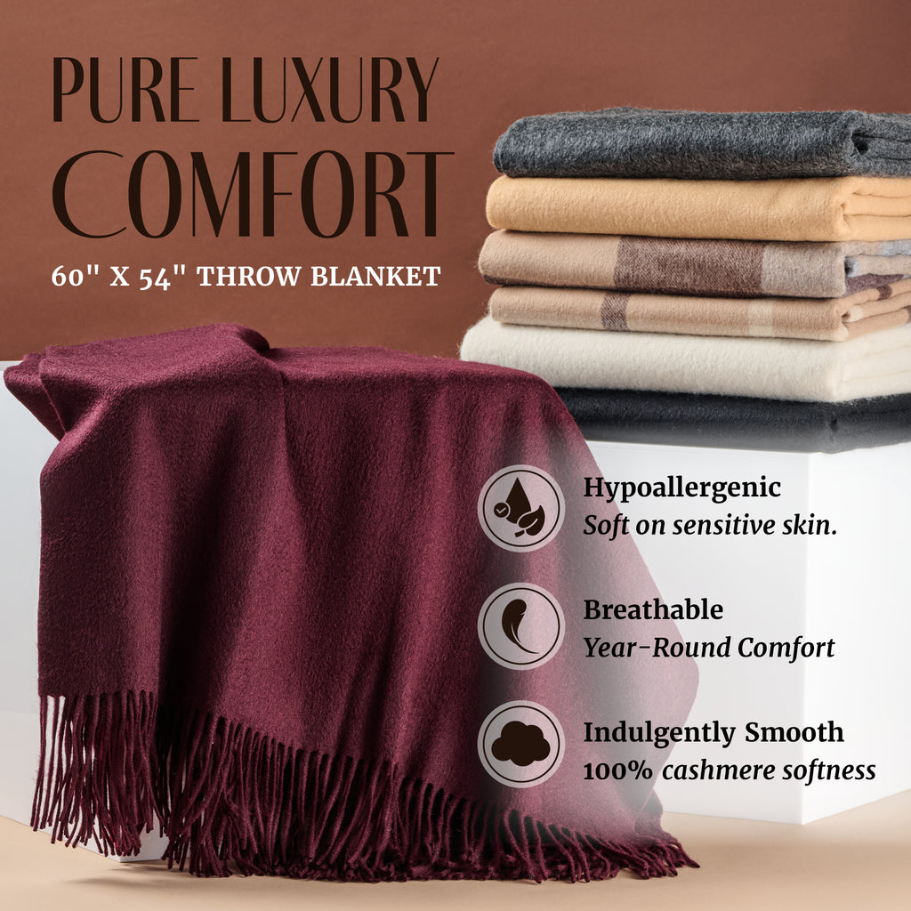 Solid Cashmere Throw Blanket with Fringe | 60 x 54 Inch Super Soft Warm Blankets & Throws