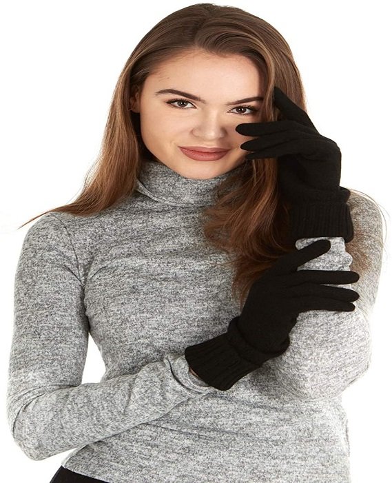 Cashmere Knitted Gloves With Ribbed Cuffed For Women